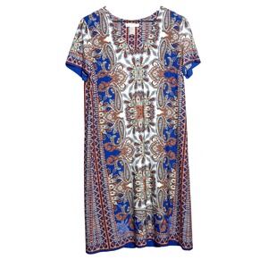 London Times Womens Shift Dress 12 Blue Orange Paisley Print Jersey Shift Resort